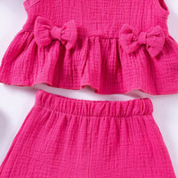 Girls Fuchsia Textured Bow Applique Peplum Top With Shorts Co-ord Sets Sets