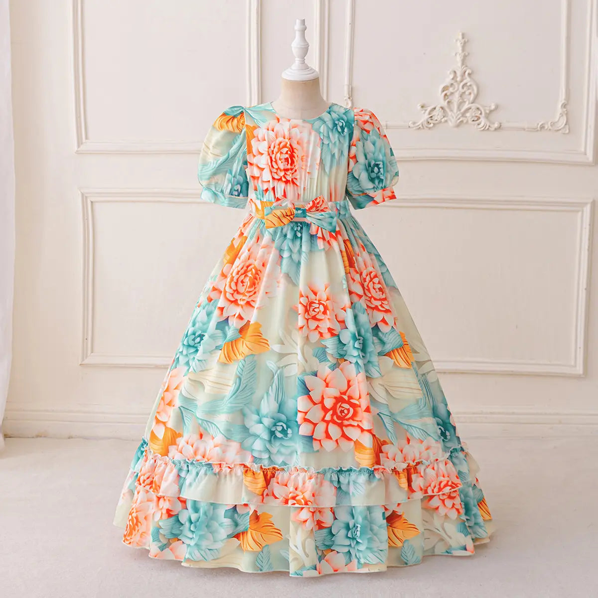 Girls Multicolor Floral Maxi Dress With Puff Sleeves Casual Dresses Multicolor 3-4 Y