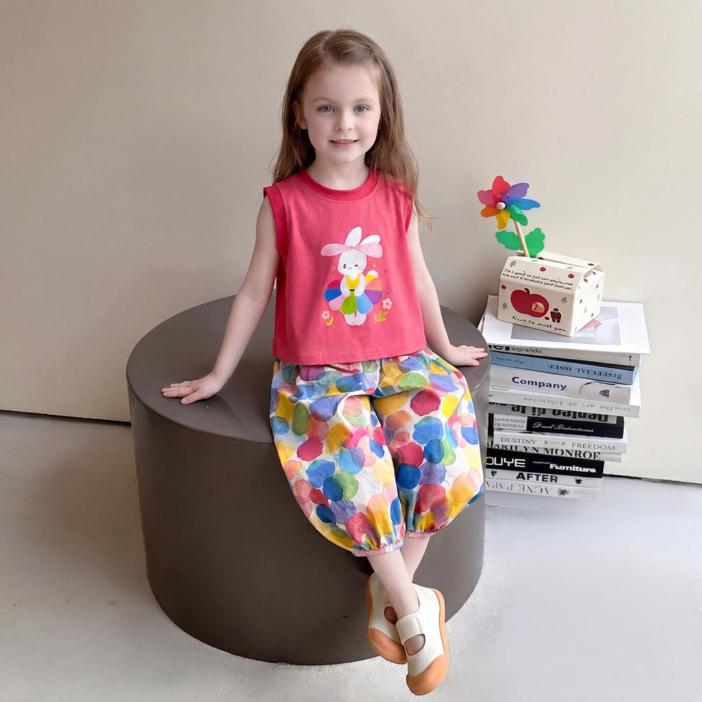 Girls Fuchsia Bunny Graphic Top With Balloon Pants Sets Sets