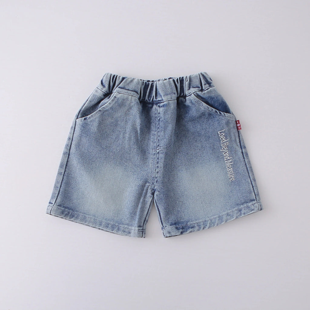 Boys Grey Typographic Print Short Sleeves T-Shirt With Denim Shorts Set Sets