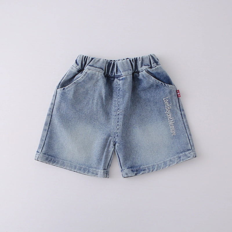 Boys Grey Typographic Print Short Sleeves T-Shirt With Denim Shorts Set Sets