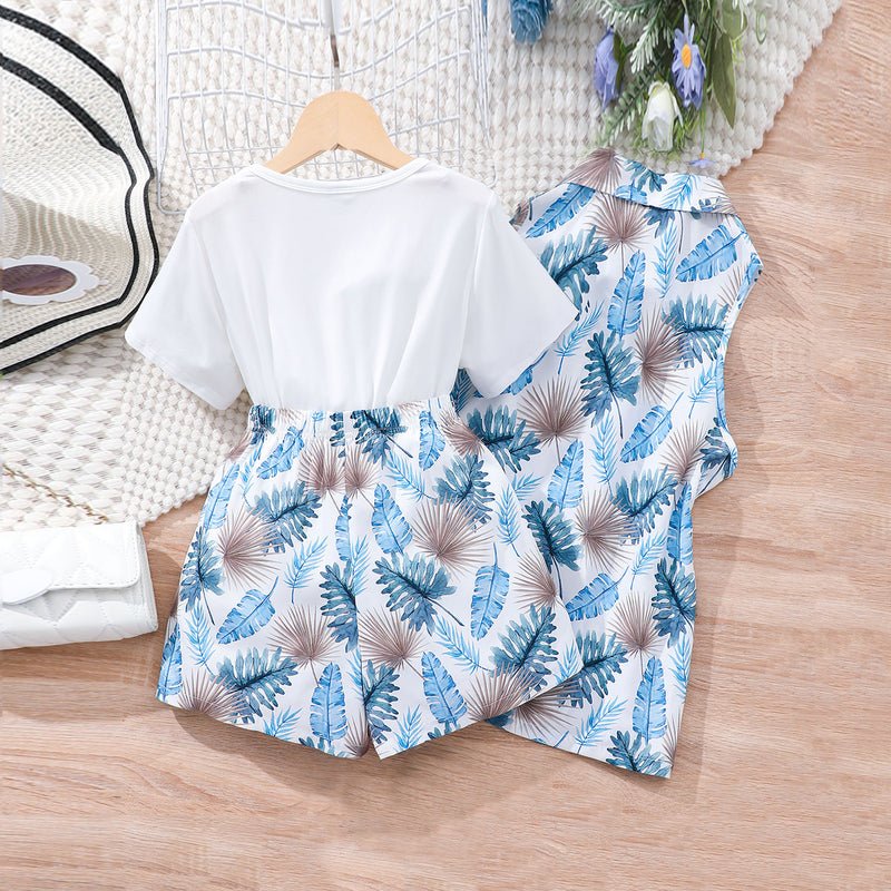 Girls Blue Tropical Print Waistcoat and Shorts with Solid Tee Set Sets