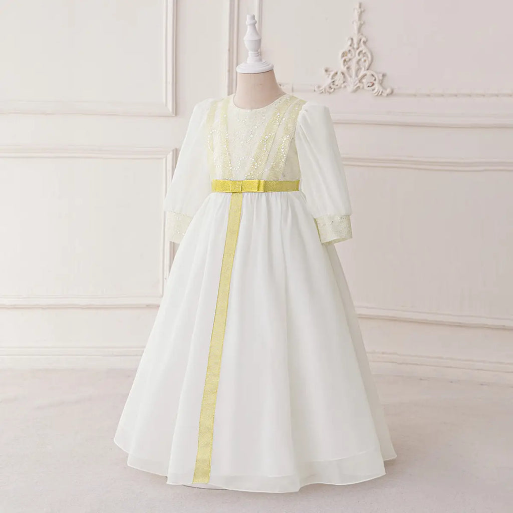 Girls White Embellished Maxi Dress With Puff Sleeves Casual Dresses
