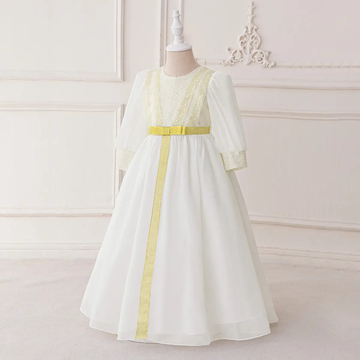 Girls White Embellished Maxi Dress With Puff Sleeves Casual Dresses