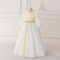 Girls White Embellished Maxi Dress With Puff Sleeves Casual Dresses