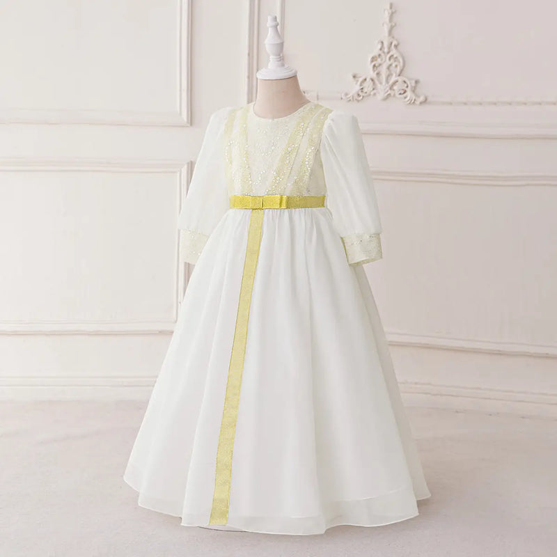 Girls White Embellished Maxi Dress With Puff Sleeves Casual Dresses