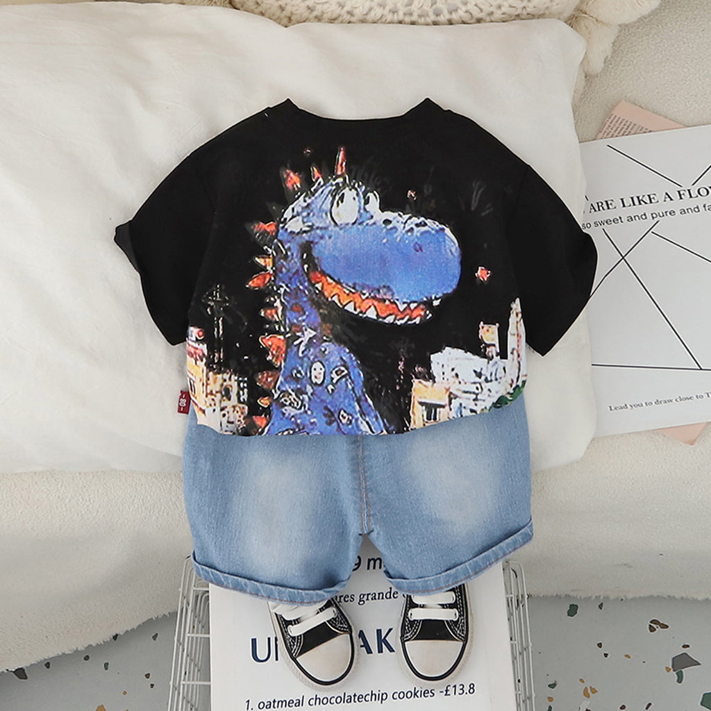 Boys Black Dinosaur Graphic T-Shirt With Denim Shorts Set 2 pc. Sets