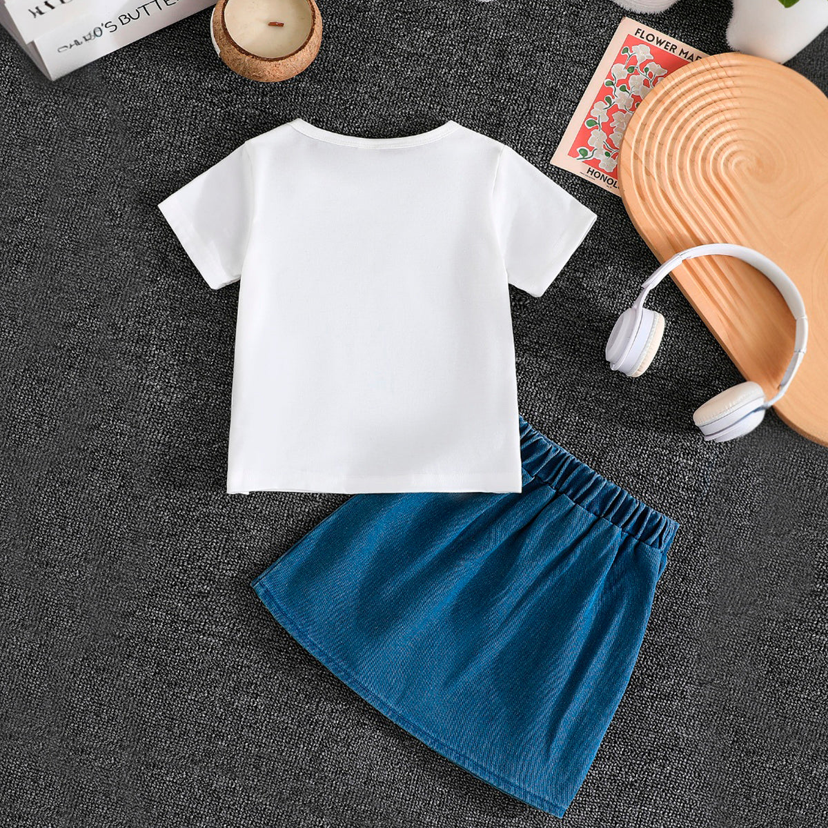 Girls White Printed T-shirt with Denim Pencil Skirt Set Sets