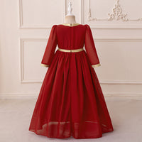 Girls Red Embroidered Maxi Dress With Long Sleeves Casual Dresses