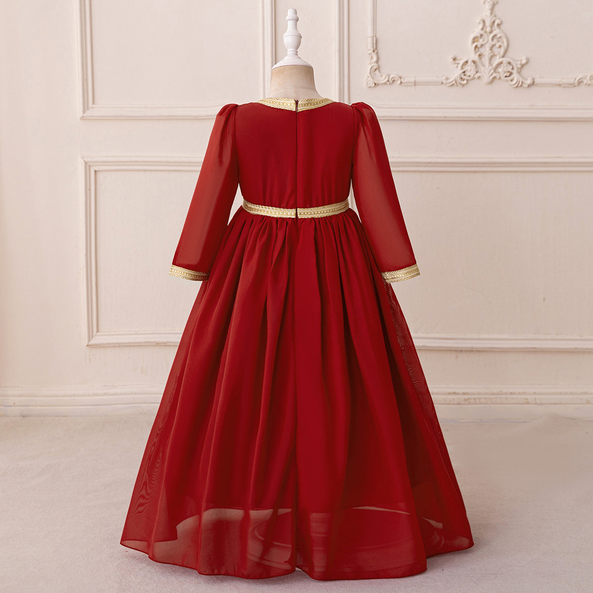 Girls Red Embroidered Maxi Dress With Long Sleeves Casual Dresses