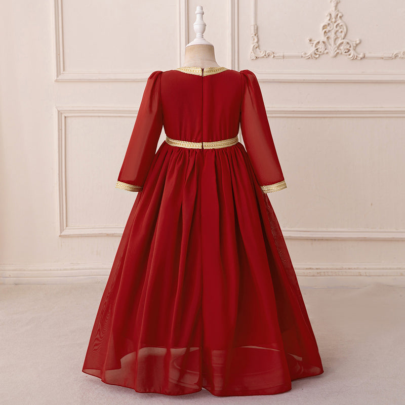 Girls Red Embroidered Maxi Dress With Long Sleeves Casual Dresses