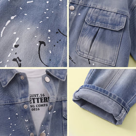 Boys Blue Splatter Print Denim Jacket & Pants With T-Shirt Sets 3 pc. Sets