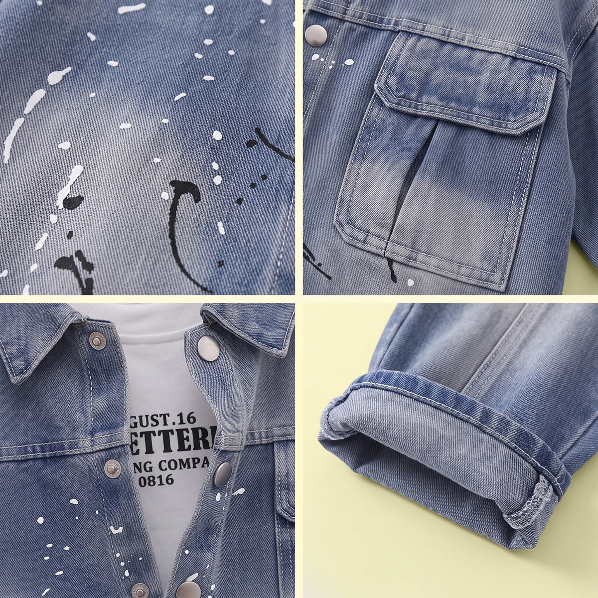 Boys Blue Splatter Print Denim Jacket & Pants With T-Shirt Sets 3 pc. Sets