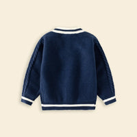 Girls Navy Blue Self-Design Knitted Cardigan Sweaters & Cardigans