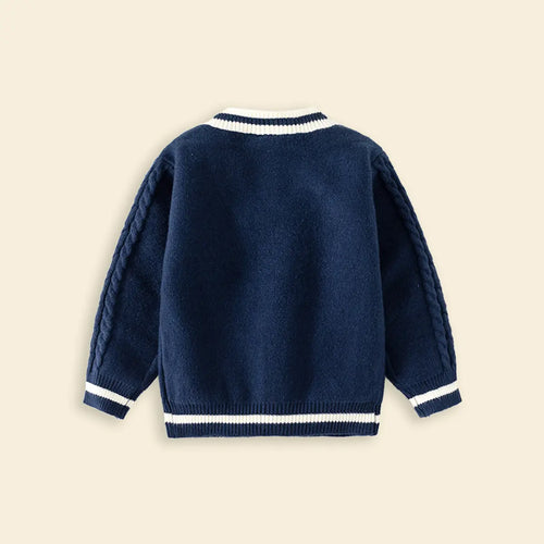 Girls Navy Blue Self-Design Knitted Cardigan Sweaters & Cardigans