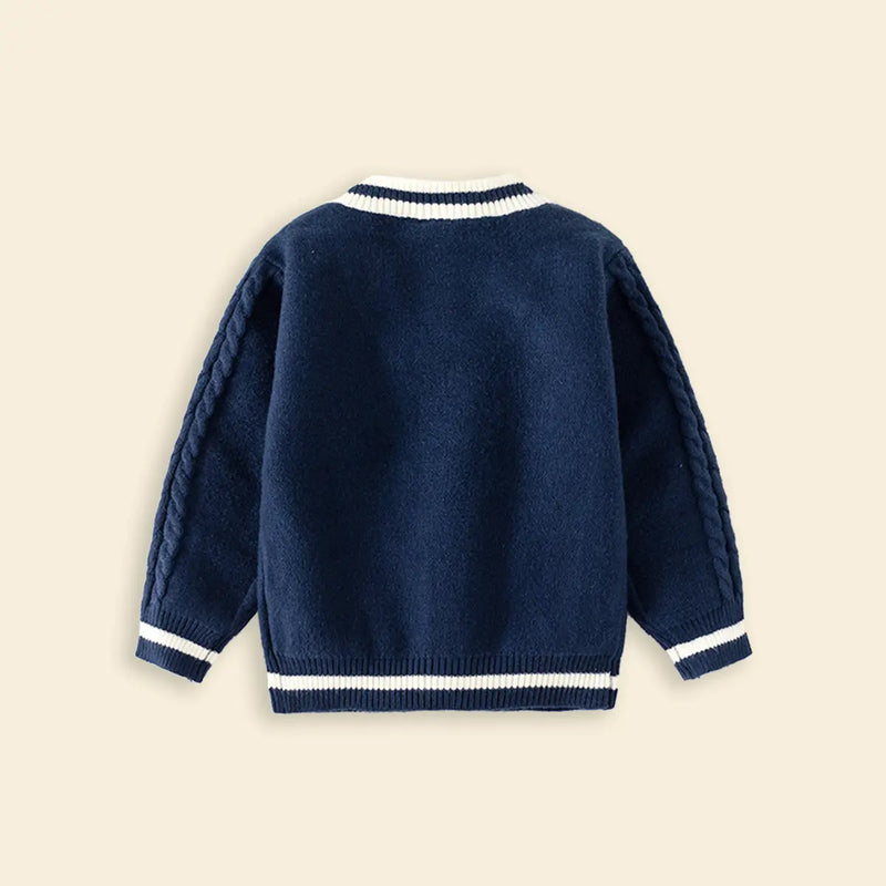 Girls Navy Blue Self-Design Knitted Cardigan Sweaters & Cardigans