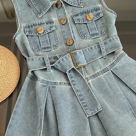 Girls Light Blue Sleeveless Pleated Hem Drop Waist Denim Dress Casual Dresses