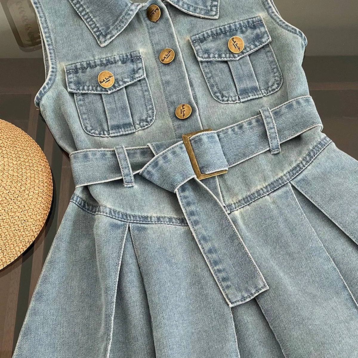 Girls Light Blue Sleeveless Pleated Hem Drop Waist Denim Dress Casual Dresses