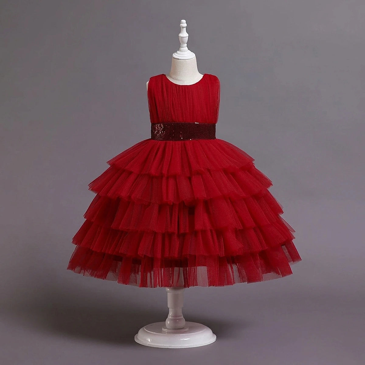 Girls Red Sleeveless Layered Party Wear Dress Casual Dresses Red 2-3 Y