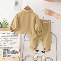 Boys Khaki Solid Shacket With Cargo Pants Co-ord Sets Sets