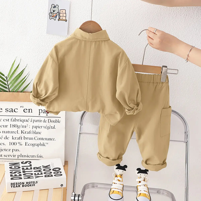 Boys Khaki Solid Shacket With Cargo Pants Co-ord Sets Sets