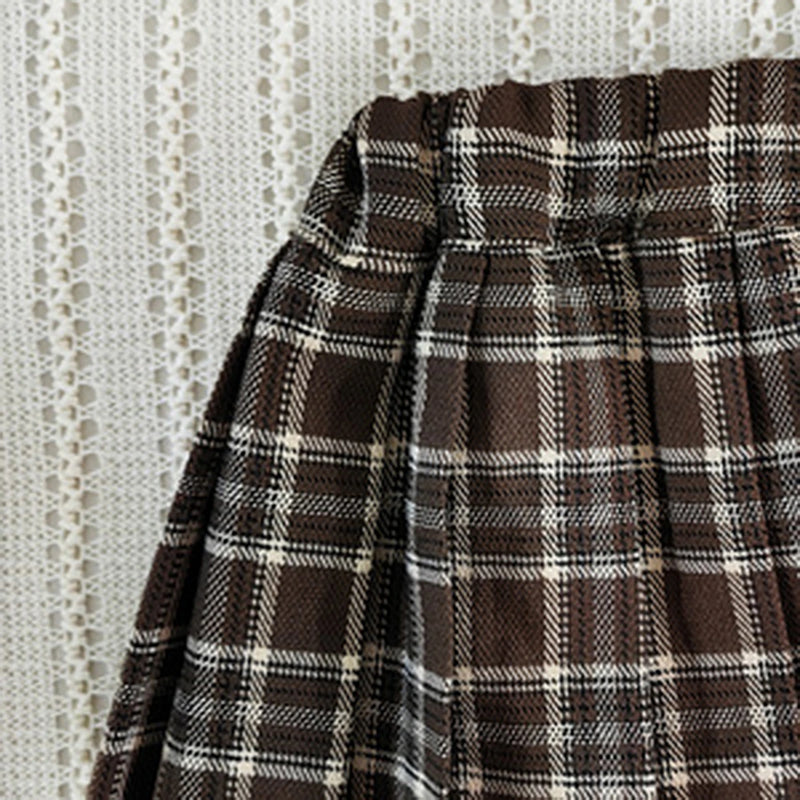 Girls Beige Short Sleeves Polo Top With Checked Pleated Skirts Set Sets