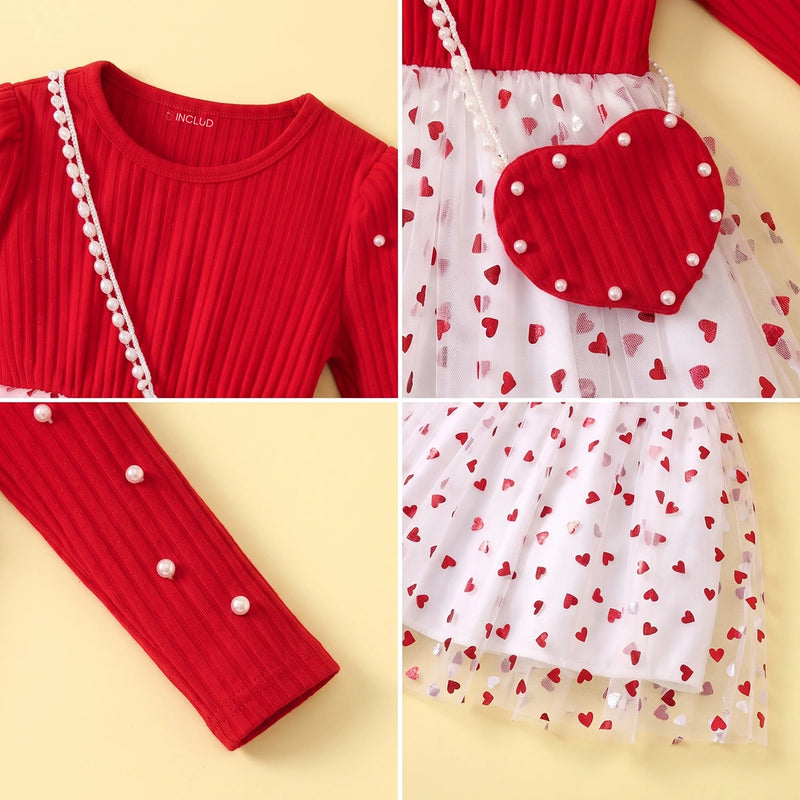 Girls Red Heart Printed Fit & Flare Dress Casual Dresses