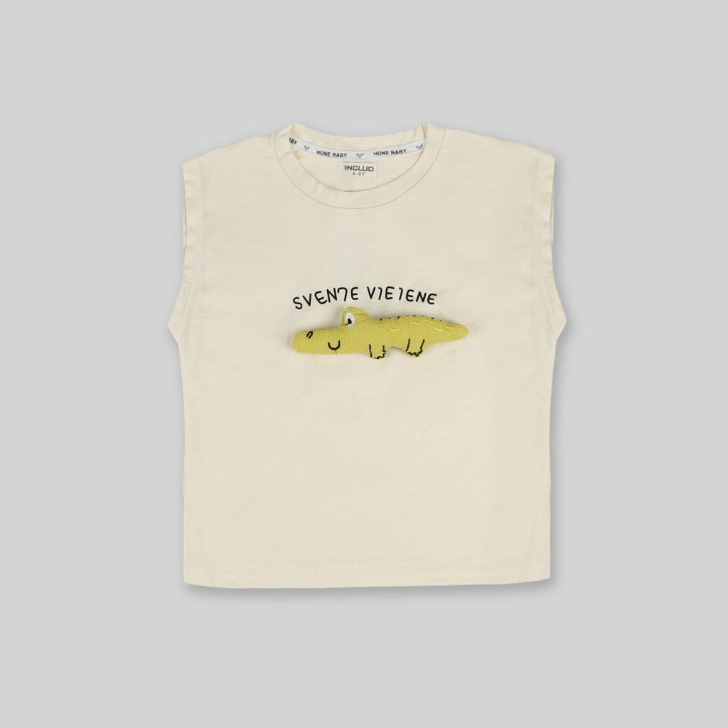 Boys White Printed Sleeveless T-shirt with Shorts Set (Copy) Sets