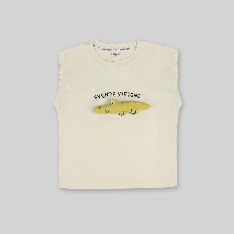 Boys White Printed Sleeveless T-shirt with Shorts Set (Copy) Sets