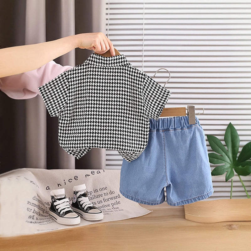 Boys Black Checked Button-Down Shirt With Denim Shorts Set Sets
