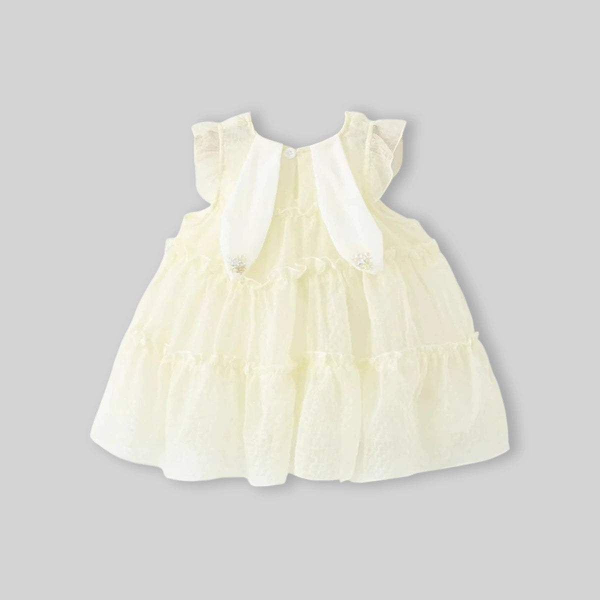 Girls Beige Bow Applique Tiered A-line Dress Casual Dresses