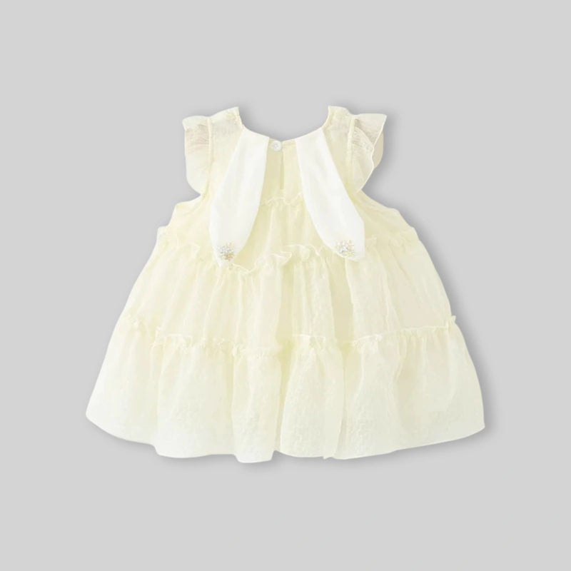 Girls Beige Bow Applique Tiered A-line Dress Casual Dresses