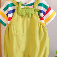 Boys Dinosaur Applique Short Sleeve Striped T-Shirt With Green Dungaree Sets 2 pc. Sets