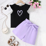 Girls Purple Heart Print Top With Shorts Set