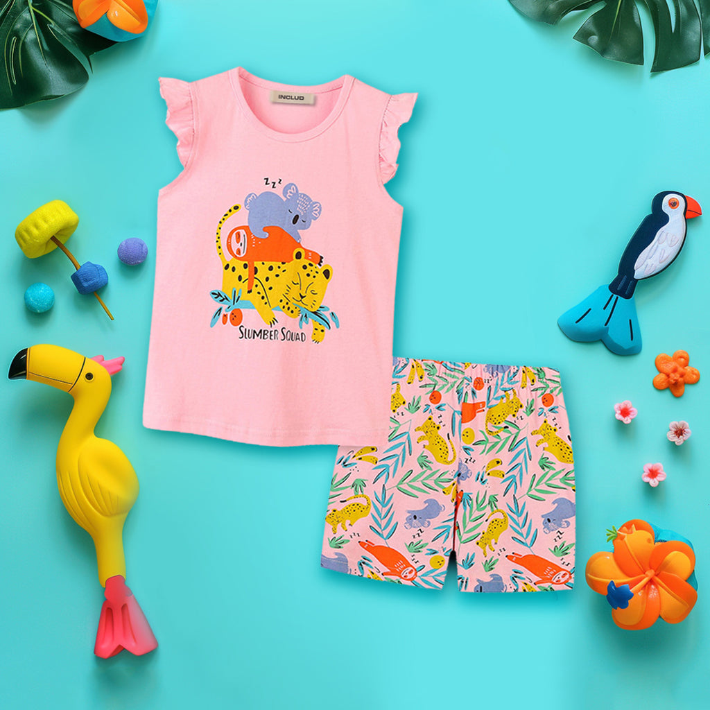 Girls Graphic T-Shirt With Printed Shorts Set