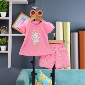 Girls Pink Teddy Bear Graphics Puff Sleeve Top With Printed Shorts Sets Sets Pink 1-2 Y