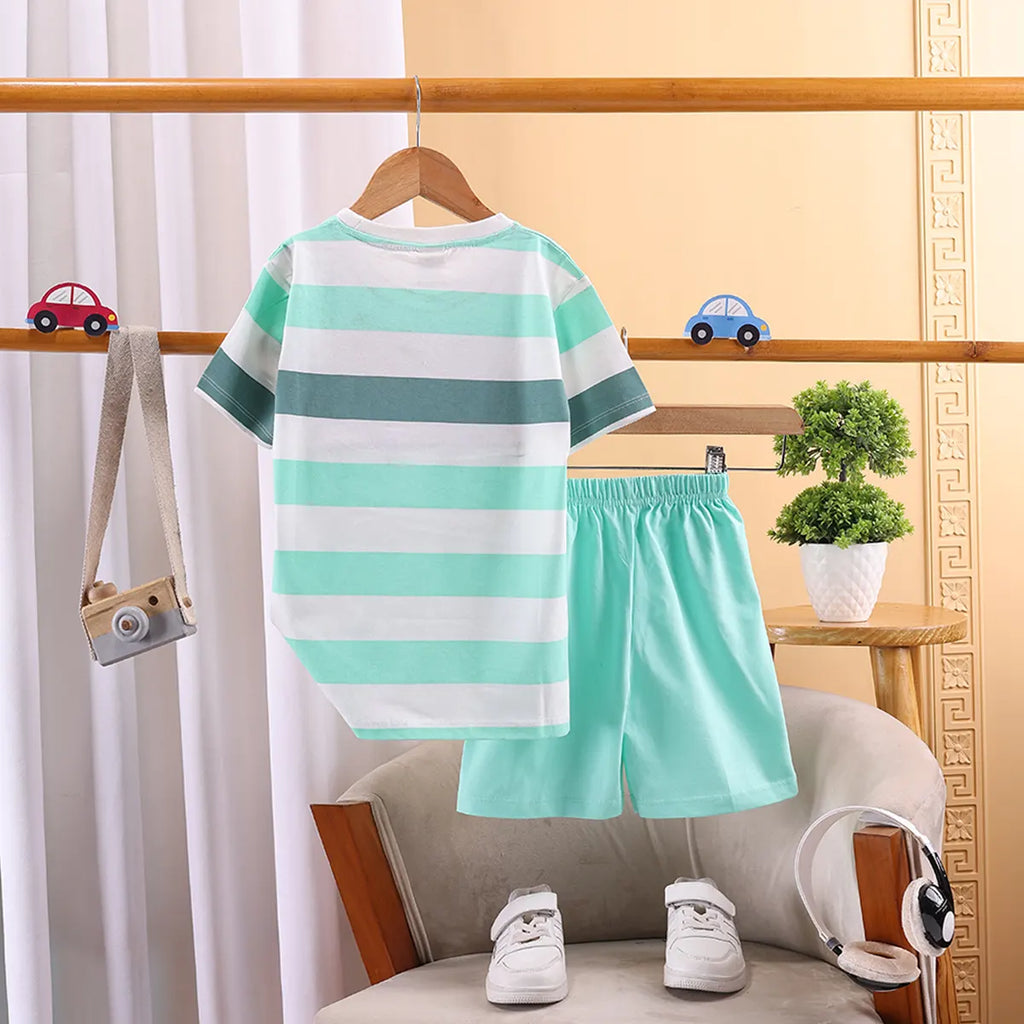 Boys Green Stripes And Graphic Print T-Shirt With Elasticated Shorts Sets 2 pc. Sets