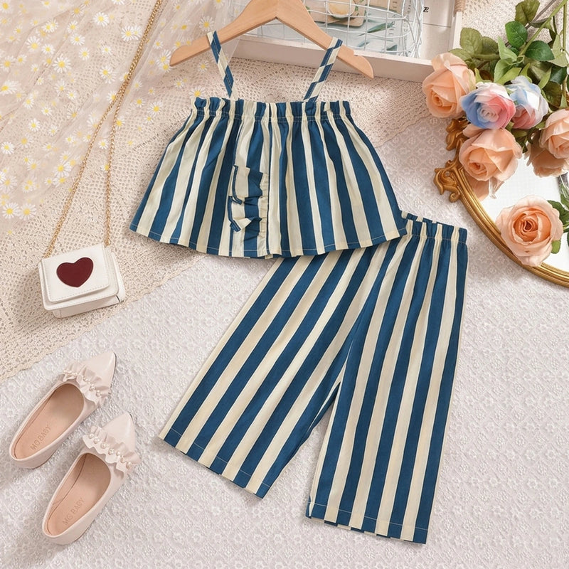 Girls Blue Striped Ruffle Tank Top With Elasticated Pants Sets Sets Blue 2-3 Y