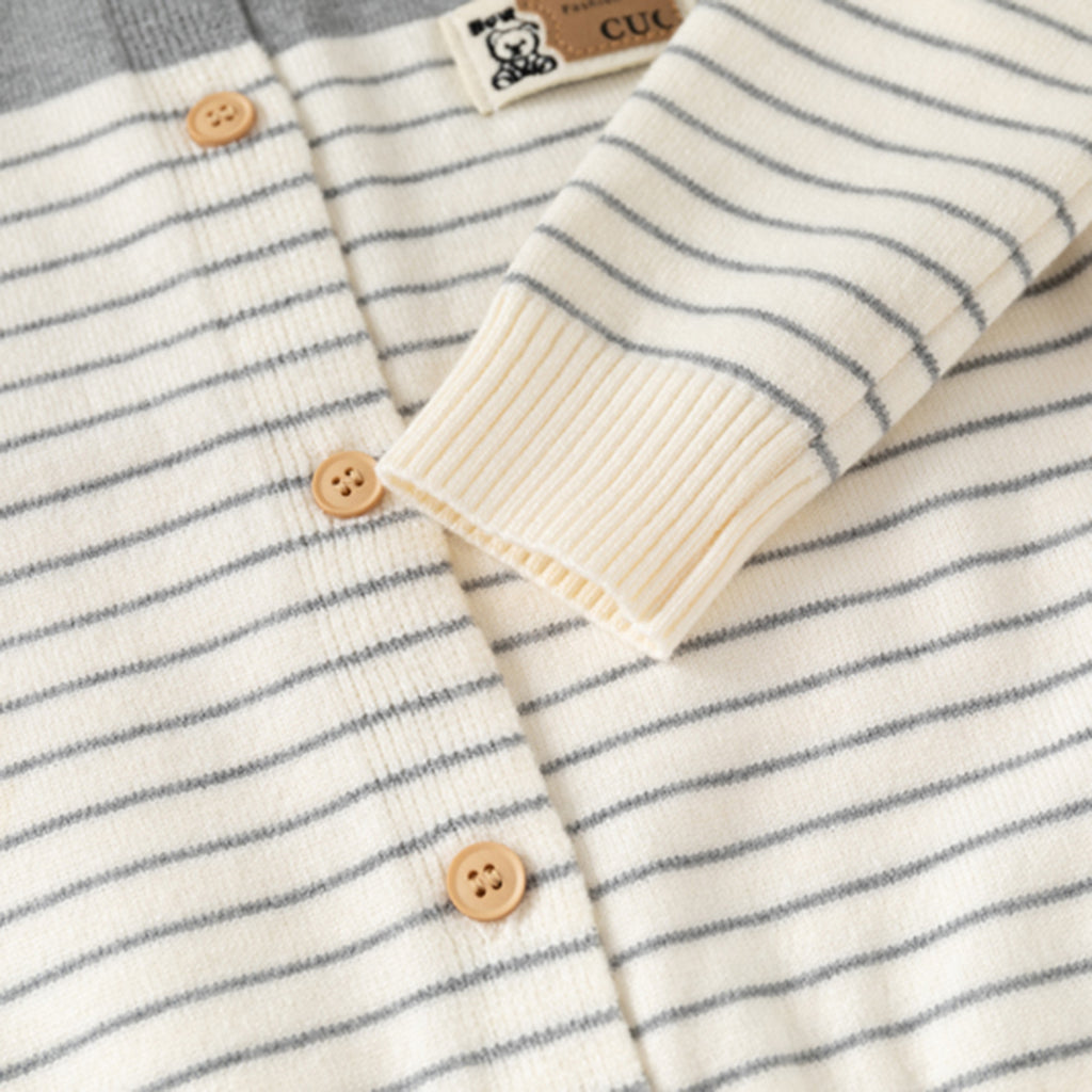 Boys Grey Cardigan With Self Design Stripe Patterns Sweaters & Cardigans