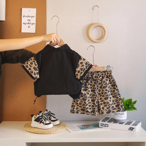 Boys Light Brown Leopard Print Polo T-Shirt & Shorts Co-ord Sets Sets