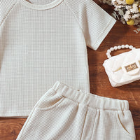 Boys Cream Waffle Knit Raglan Sleeve T-Shirt With Shorts Sets 2 pc. Sets