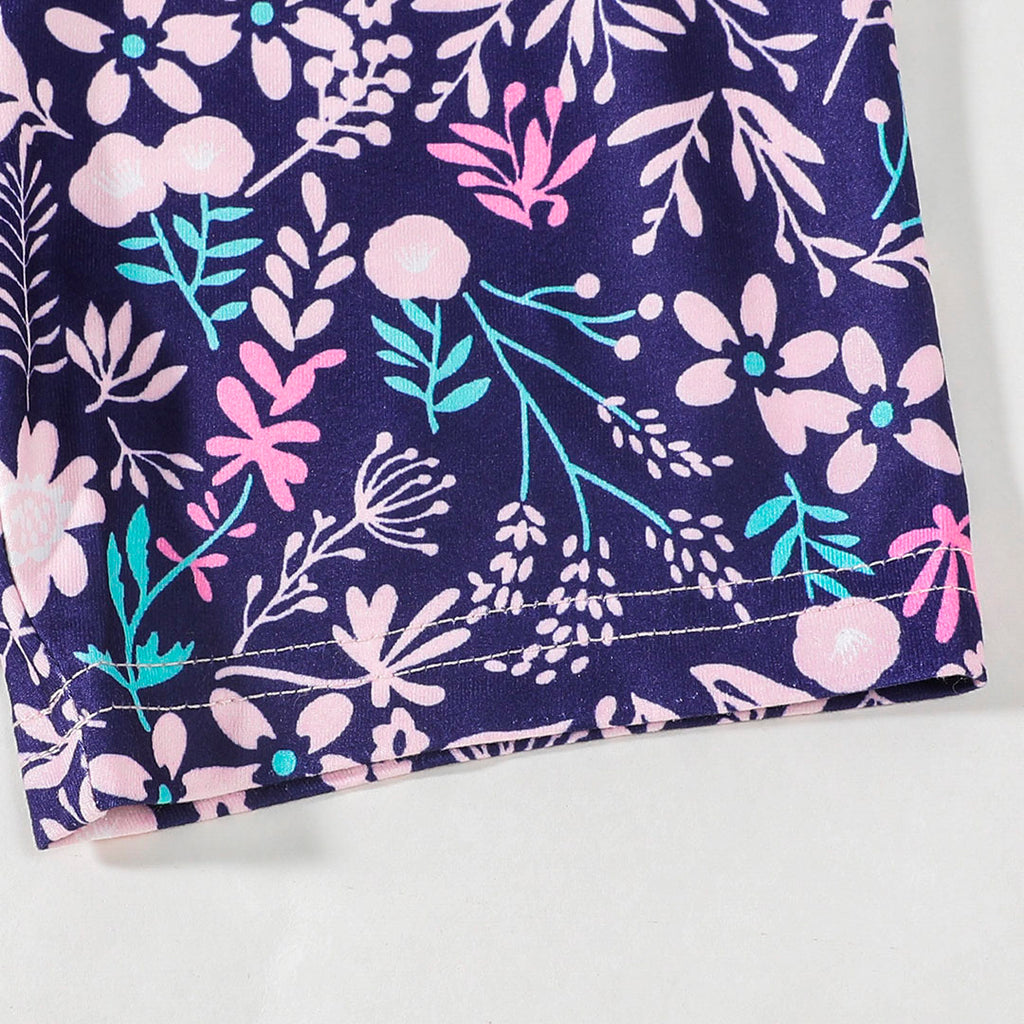 Girls Printed Short Sleeves T-shirt with Navy Floral Print Shorts Set Sets