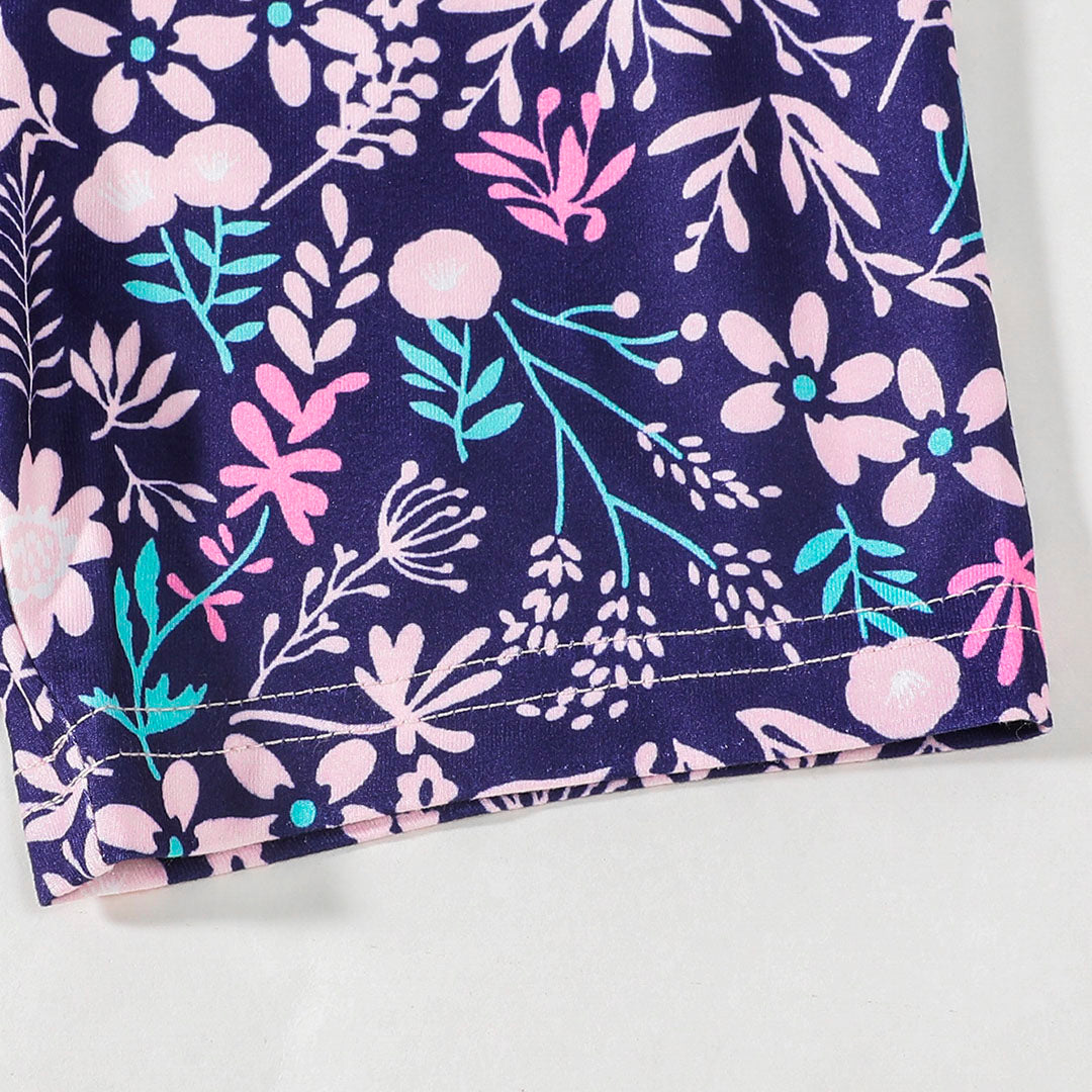 Girls Printed Short Sleeves T-shirt with Navy Floral Print Shorts Set Sets