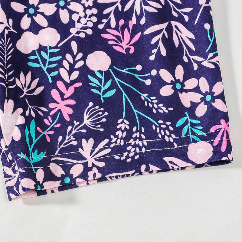 Girls Printed Short Sleeves T-shirt with Navy Floral Print Shorts Set Sets