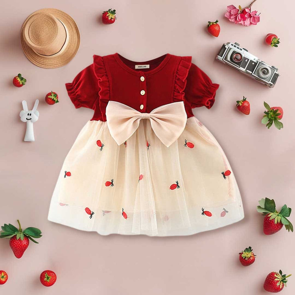 Girls Pineapple Embroidery Puff Sleeves Dress Casual Dresses Red 1-2 Y 