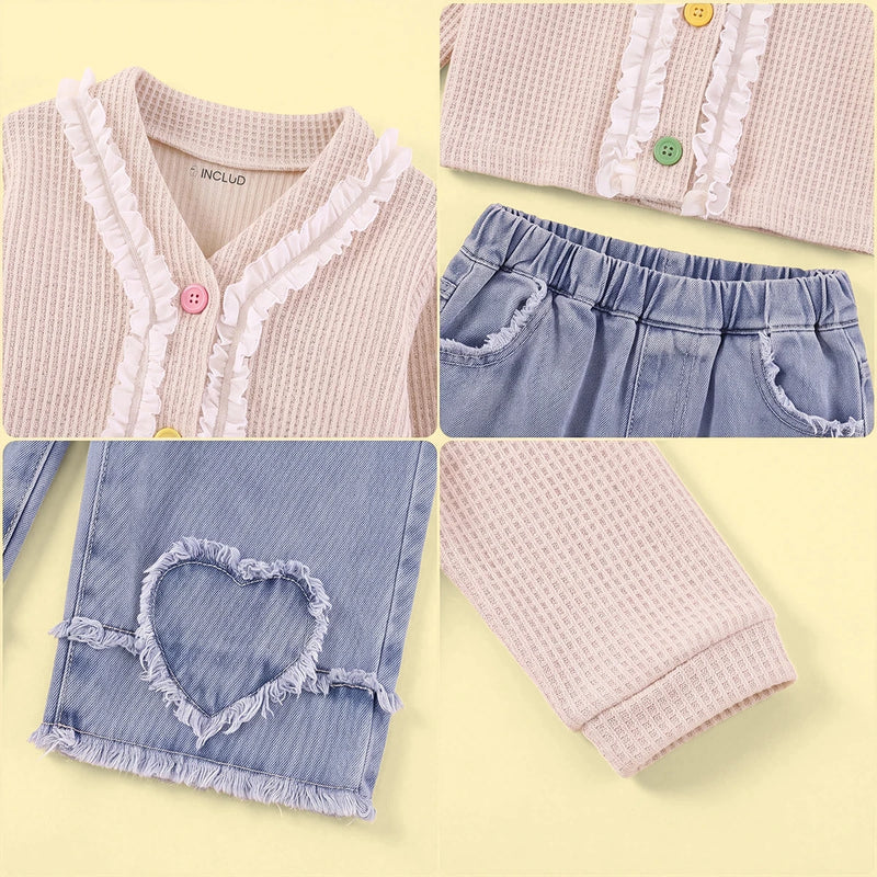 Girls Apricot Textured Long Sleeve Cardigan With Denim Pants Sets 2 pc. Sets
