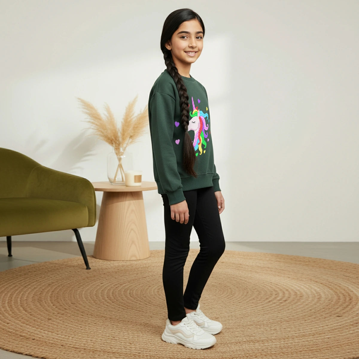 Girls Green unicorn Heart Graphics Round Neck Sweatshirt Sweatshirts & Hoodies