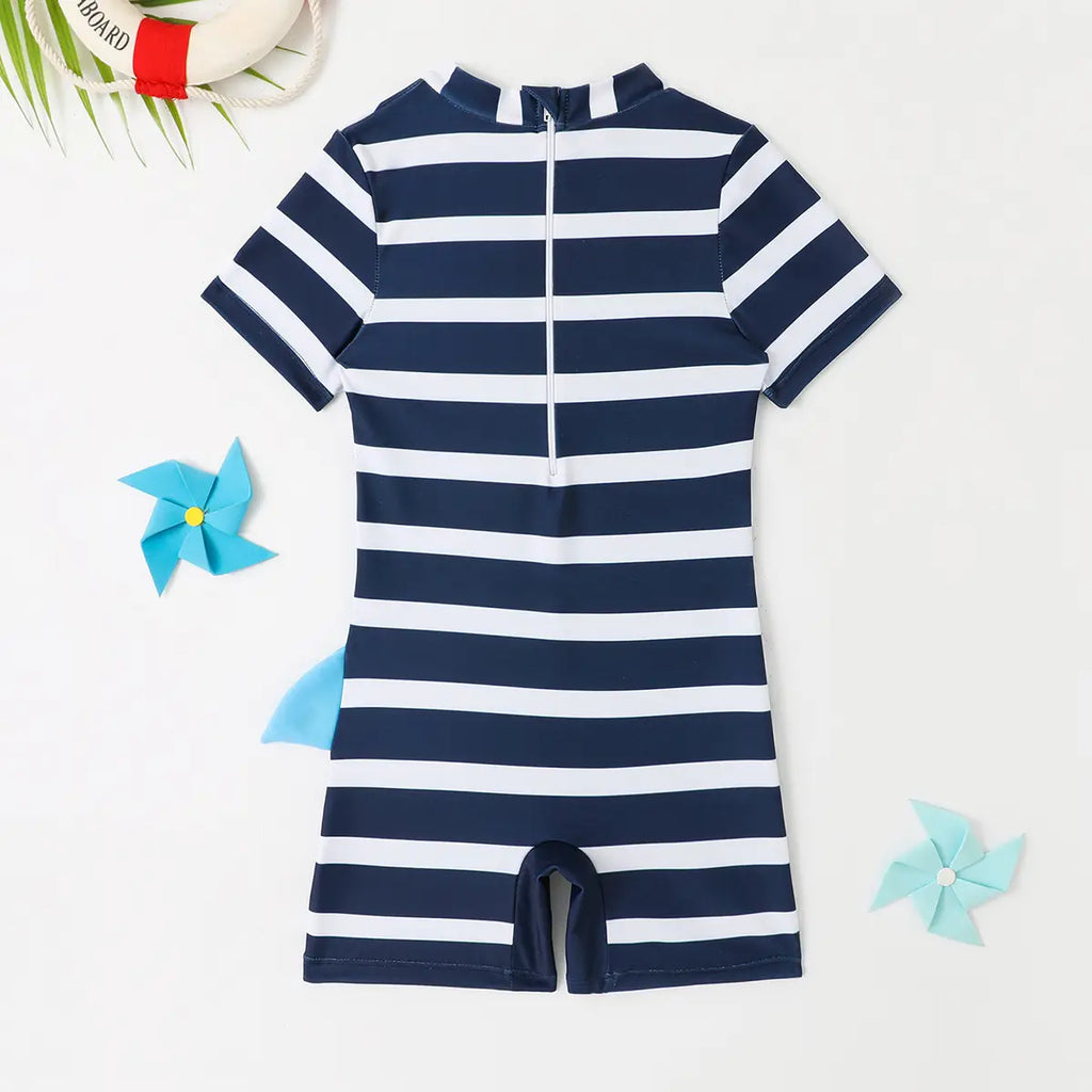 Boys Navy Blue Stripes Short Sleeves Swimwear Bodysuit Beachwear