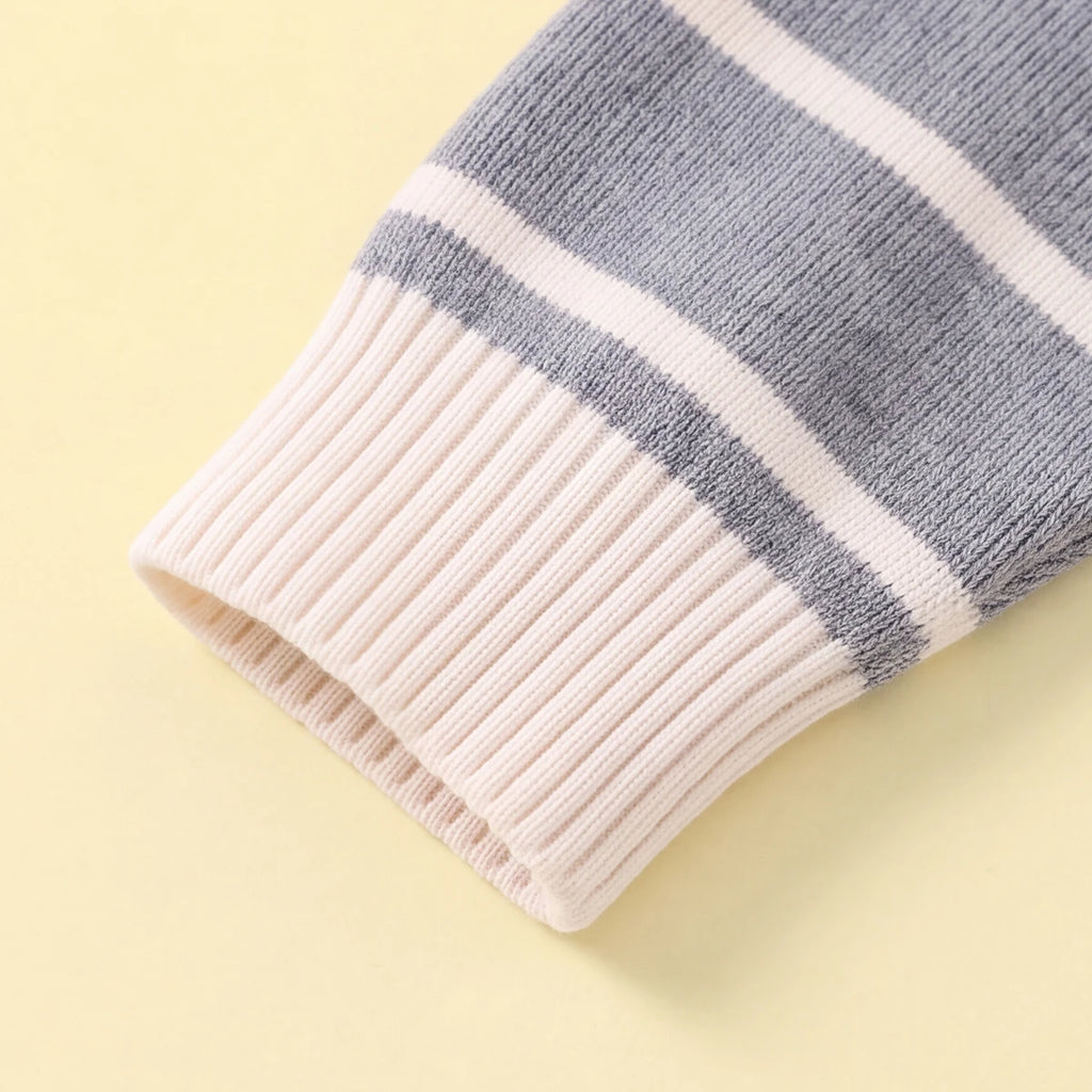 Boys Grey Polo Collar Sweatshirt With Self Design Stripe Patterns Sweaters & Cardigans