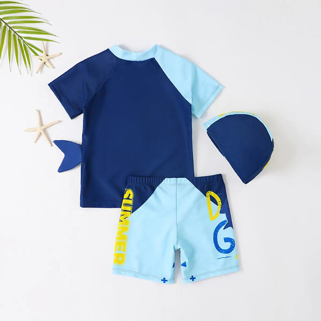 Boys Blue Shark Print T-Shirt With Shorts & Swim cap Swimwear Sets Beachwear